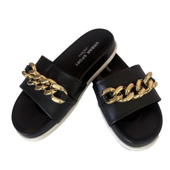 Urban Sport Shoes - Black Slides With Gold Chain Accent By Urban Sport size 6